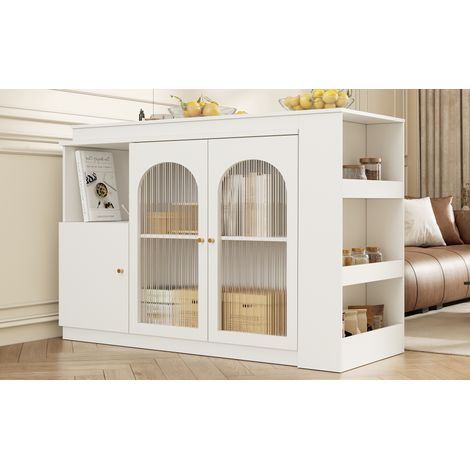 Table pivotante blanche 360° pour bar et salle à manger, rangement multifonctionnel moderne (corps 120x40x97 cm), meuble épuré avec porte en verre. (1/5)