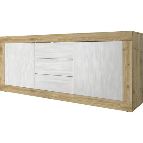 Buffet 2 Türen 3 Schubladen Kollektion ACCESS. Farbe Weiß und helles Eichenholz