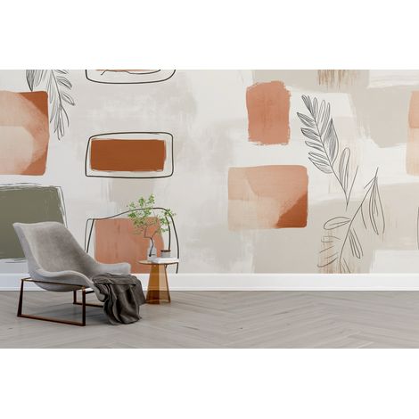 Papier peint abstrait formes geometriques et feuillage pastel 1 - 150 x 250 cm (1/2)