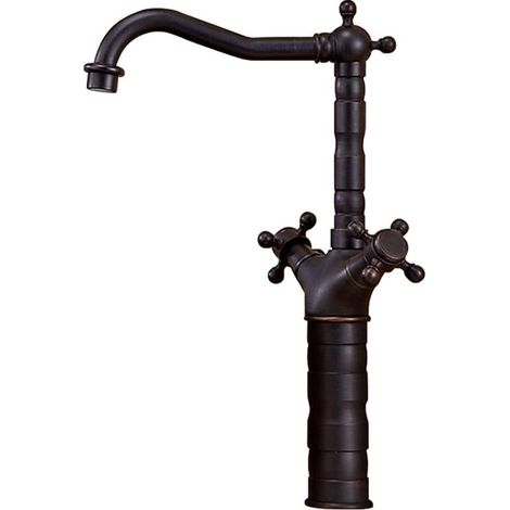 Kaelt - Robinet de cuisine à double poignée en croix, d'évier en laiton à montage sur plage, monotrou, robinet d'eau chaude et à eau froideo (noir, haut) (1/5)