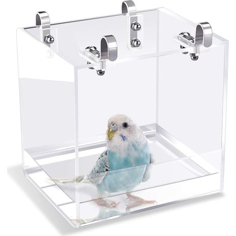 Bain suspendu cubique pour oiseaux, baignoire pour oiseaux, boîte de bain, accessoires de cage, petits oiseaux, canaris, alouettes, perroquets, cacatoès, inséparables (16x16x16cm, transparent) (1/5)