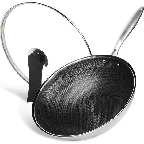 32 cm Stainless Steel Wok with Lid, Non-stick Flat Bottom Wok Pan, Tri-Ply Honeycomb Structure, Dishwasher Safe, Oven Safe, Induction, Gas, PFOA and PTFE Free (1/5)