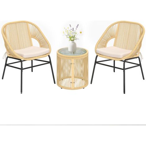 Ensemble Bistro Salon de Balcon 3 Pièces 2 Fauteuils Confortables et Table en Verre Trempé Coussins Déhoussables Beige (1/5)