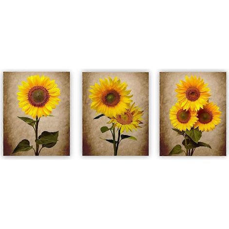 Ensemble de 3 affiches décoratives murales tournesol (8" x 10" - Toile imprimée - Décoration florale pour salle de bain, cuisine, salon - Sans cadre) (1/4)