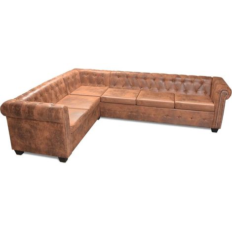 Vidaxl – Canapé d'angle Chesterfield 6 places – Cuir artificiel marron – Dimensions 260x205x73 cm – Rembourrage épais pour confort optimal