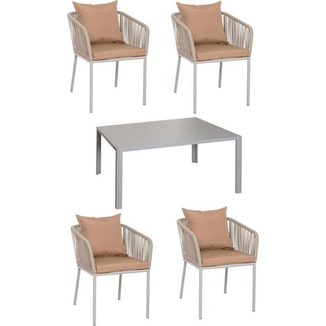 Set de jardín HHG-616, mesa+4xsilla, aluminio resistente a la intemperie 140x80cm, cuerda de mimbre Rope, gris cojines taupe