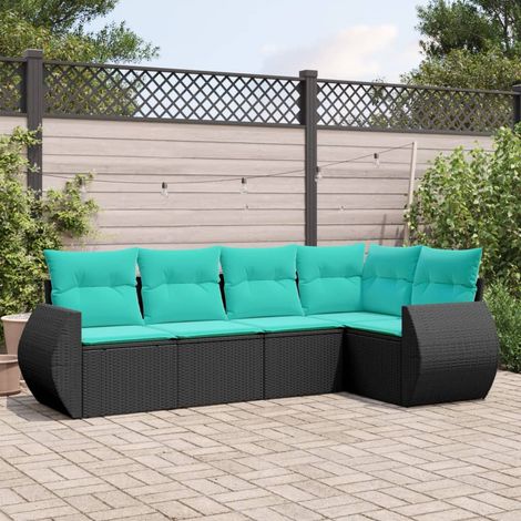 5-teiliges Gartensofa-Set mit Kissen, schwarzes Polyrattan (1/5)
