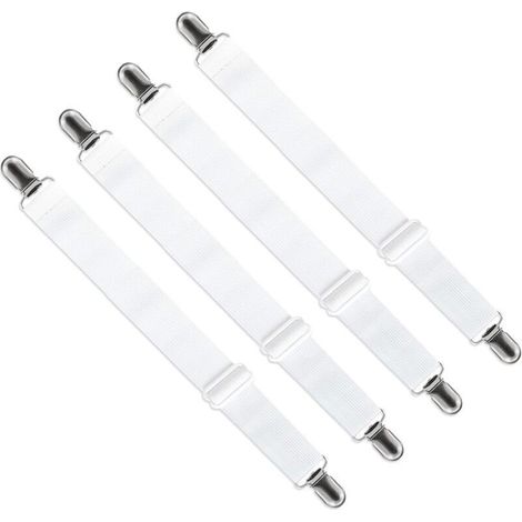Tendeur Drap Housse Réglable (65cm à 200cm), Fixation Attache Sangle de Maintien Ajustable pour Drap Lit, Canapé, Housse de Repassage (Blanc, Lot de 4)