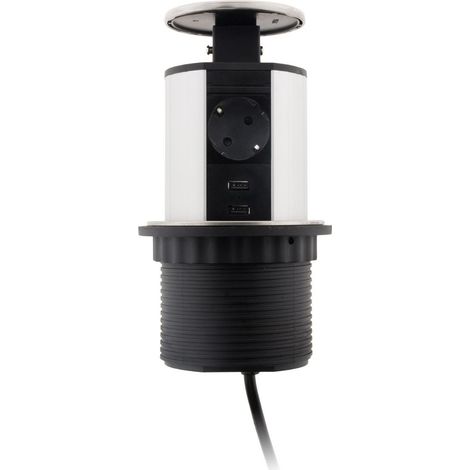 Otio – Multiprise encastrable Schuko 3 prises 16A + 2 USB 2.4A – Longueur 1.5m – Diamètre perçage Ø100mm – Puissance 3680W – Indice IP20