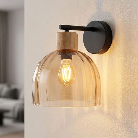 Applique murale LED Lampe murale Lampe de salon Verre Ambre Bois Noir H 24 cm (1/5)