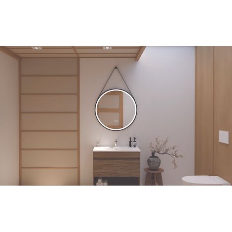 ONDEE - Espejo iluminado KYARA con correa - Marco de aluminio negro - Ø80 cm (1/5)