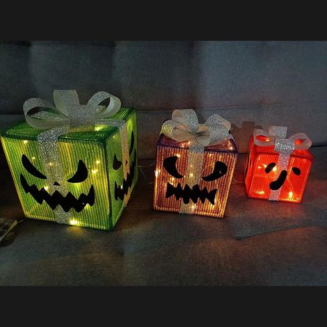 JSSEVN - Cajas de regalo iluminadas para Halloween, cajas de regalo decorativas con LED y 8 modos, adornos navideños iluminados para uso interior y exterior. (1/5)
