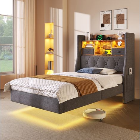 Letto singolo 90x200 cm grigio in lino con LED, testiera contenitore e ricarica USB-C (1/5)