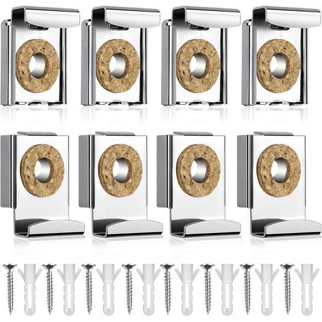 (Juego de 8) Soportes de pared plateados con resorte para espejos – Clips/soportes para espejos de vidrio de baño (1/5)