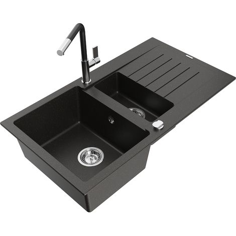 Mexen Matias 1,5-Becken-Granitspüle mit Abtropffläche und Mischbatterie Flora, Schwarz/Gold metallis (1/5)