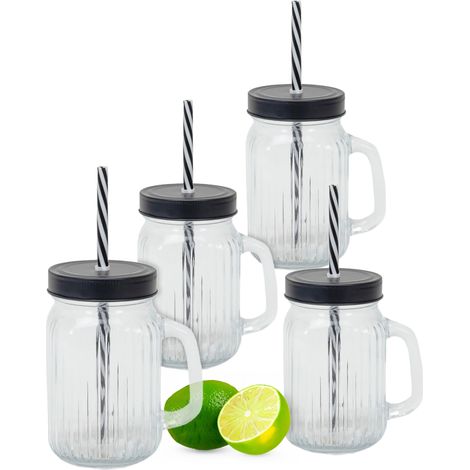 Trinkglas 450 ml mit Deckel und Strohhalm - 4er Set - Trink Becher mit Henkel - Deckel Trink Cocktail Glas für Wasser Saft Limonade Longdrinks