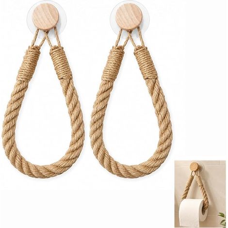 Porte Papier Toilette Corde en Jute Naturelle avec Bouton en Bois, Porte Papier Toilette Mural sans Perçage Style Vintage Industriel, Dérouleur Papier Toilette Mural pour Salle de Bain WC (1/5)