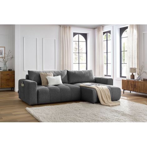 Bobochic – Canapé d'angle réversible convertible 3 places avec coffre de rangement – Revêtement tissu chiné – Longueur 288cm – Style moderne (1/5)