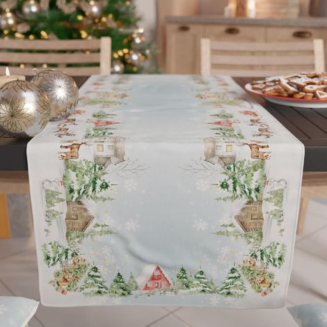 Chemin de Table de Noël 140x40 cm en Microfibre Anallergique, Élégant et Lavable, Décoration Festive pour Salon et Cuisine, Motif 'Snow', 100% Fabriqué en Italie