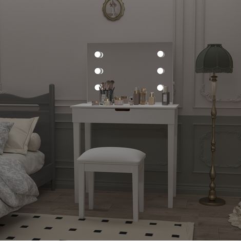 Tocador in MDF bianco con specchio, 2 cassetti, sgabello e luci LED (1/5)