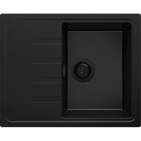 PRIMAGRAN Evier Cuisine en Granit 62x50cm, Lavabo 1 bac + Kit de Vidage, Évier à Encastrer au meuble 40cm - Milan, Tout Noir
