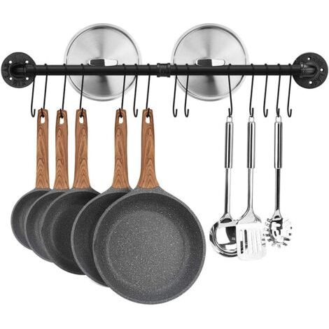BUNTHAUS Barre de Cuisine Industrielle, 80 cm Porte Casserole Mural Cuisine, Support de Pot en Fer avec 14 Crochets pour Ustensiles, Poêlés