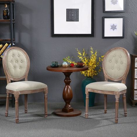 Cotecosy – Lot de 2 chaises médaillon Louis XVI en bois d'hévéa patiné – Tissu capitonné beige – Design classique pour salon et salle à manger (1/4)