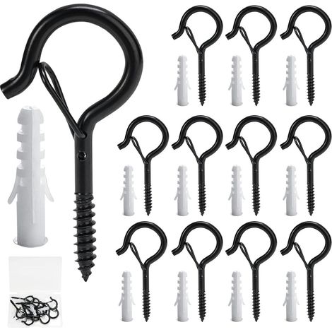 Crochets à visser - Acier inoxydable - Lot de 12 - Avec boucle de sécurité - Crochets de plafond en bois - Pour suspendre paniers de plantes, mangeoires à oiseaux, lanternes, tasses - Noir (1/3)