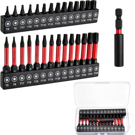 Jeu d'embouts Torx 29 pièces, jeu d'embouts de tournevis Torx de sécurité, acier S2, tournevis étoile, jeux d'embouts étoile inviolables, T5 à T40, avec porte-embouts magnétique (1/4)