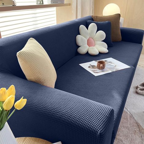 Housse de canapé extensible (3 places) – Protection ultra-douce en polyester adaptée aux animaux – Style jacquard moderne et minimaliste (3 places, bleu saphir) (1/5)