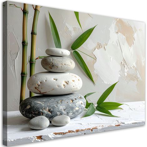 Tableau déco Pierres Zen Spa feuilles de bambou en beige 60x40 (1/4)