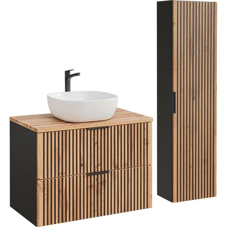 Conjunto mueble lavabo individual 80cm y columna Gaia Madera y Negro (1/4)
