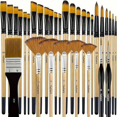 Ensemble de 32 pinceaux en nylon (ronds, carrés, plats, éventail) pour peinture acrylique, huile et aquarelle. Idéal pour les artistes et les débutants. (1/4)