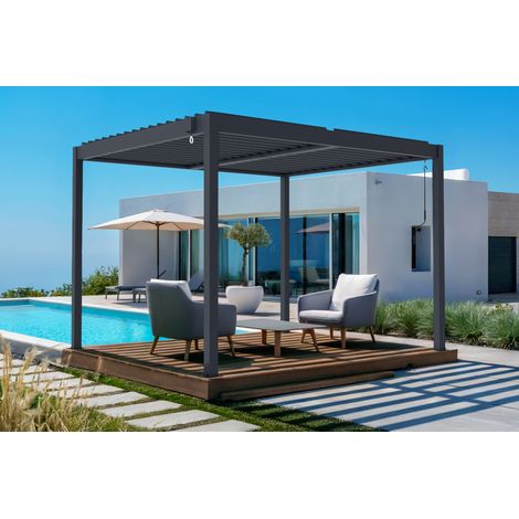 Pergola bioclimatique autoportée PIANA 3x2,5m aluminium gris - lames orientables