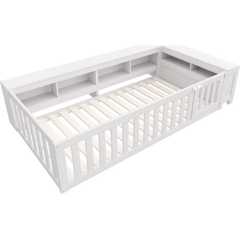 Lit enfant multifonctionnel 90 x 200 cm, avec de nombreux compartiments et espaces de rangement, barrière de sécurité et petite porte, protection de sécurité tout autour, lit en bois massif avec sommi (1/5)