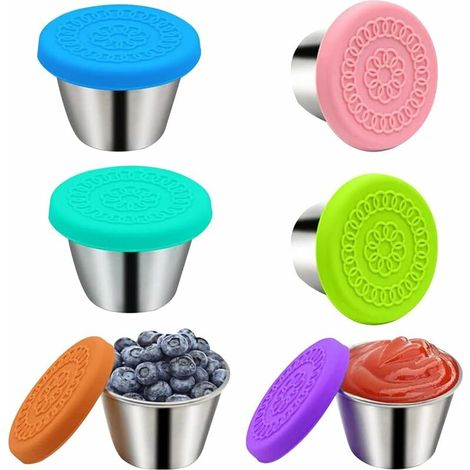 Stainless Steel Salad Dressing Container, 6 PCS Mini Sauce Cups with Silicone Lids, Leakproof Mini Food Storage Containers for Sauce