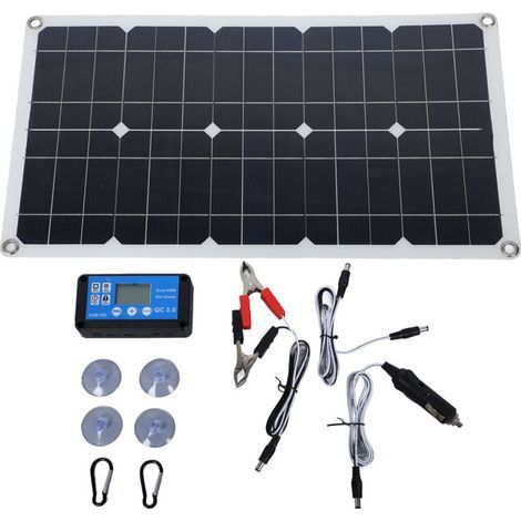 Kit de panneau solaire 100W, étanche IP67, chargeur de panneau solaire haute efficacité avec régulateur 12V/24V/20A, 2 crochets externes. (1/5)