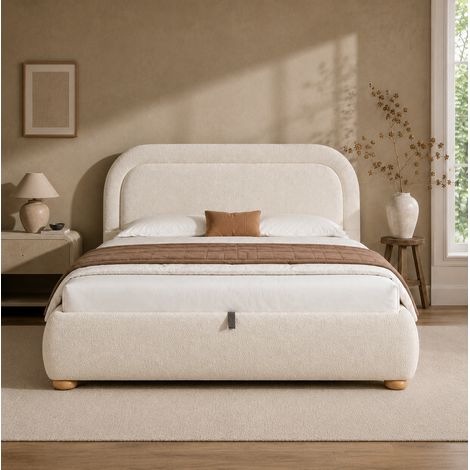 Cama doble 140x200 cm con canapé hidráulico, cabecero tapizado en tela bouclé beige y somier de láminas reforzado, almacenaje amplio para dormitorio -FLORAGRACE (1/5)