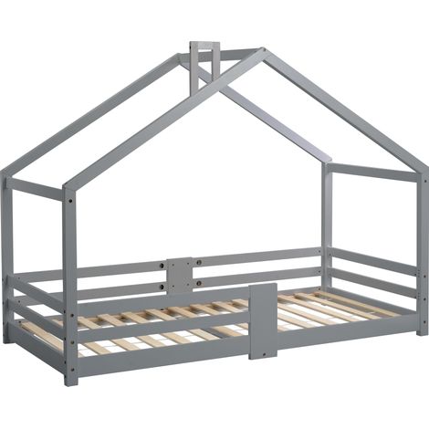 Cama infantil casita gris de madera de pino 90 x 200 cm con chimenea (1/5)