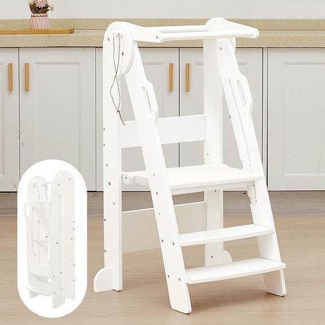 Tour Pliable Réglable en Hauteur sur 3 étages, Tour d Observation Enfant de 2 à 6 Ans, Tour d'observation avec Rails de sécurité, Facile à Assembler - Blanc (1/5)