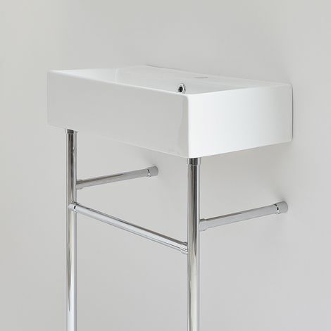 Milano Elswick White Ceramic Bathroom Basin Sink with One Tap Hole and Chrome Washstand - 605mm x 430mm (1/5)