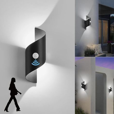 AMXCNOY LED applique murale intérieur et extérieur avec détecteur de mouvement, 10 W, lumière blanche froide 6000 K, éclairage mural étanche IP65, design moderne en spirale métallique, noir, pour jard (1/5)