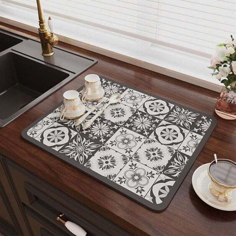 (30 x 40 CM. Imprimé Gris)Tapis Egouttoir Vaisselle. Tapis Absorbant Vaisselle en Nanofibres à Séchage Rapide. Tapis de Séchage Vaisselle Absorbant pour Les Comptoirs De Restaurant