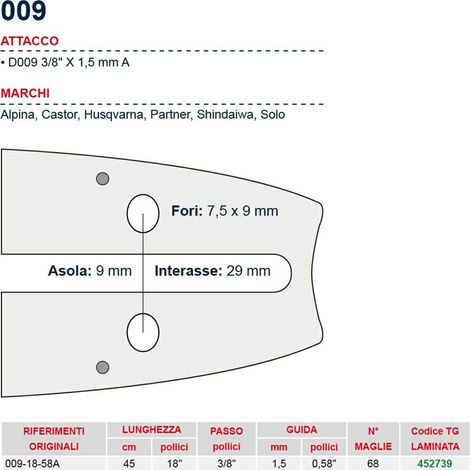Barra motosega 45 cm - 18" passo 3/8" Spessore 1.5 mm - .058" attacco 009 009-18-58A MAYA -452739