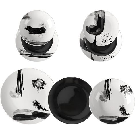 Trade Shop - SET SERVIZIO DI PIATTI DA TAVOLA IN PORCELLANA DA 18PZ DESIGN MODERNO FINITURE BIANCO NERO -