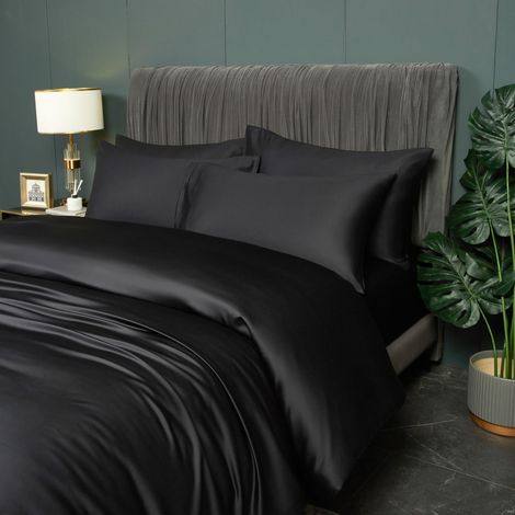 Parure de lit rafraîchissante 220 x 240 cm - Parure de lit d'été en bambou - Noir uni - 100 % fibre de bambou naturelle - Respirant - Avec housse de couette avec fermeture éclair et 2 (1/5)
