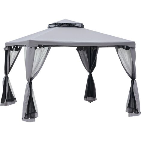 Allauve – Pergola de jardin 3x3 m – Double toiture avec moustiquaires amovibles – Surface 9 m² pour repas et loisirs – Gris clair