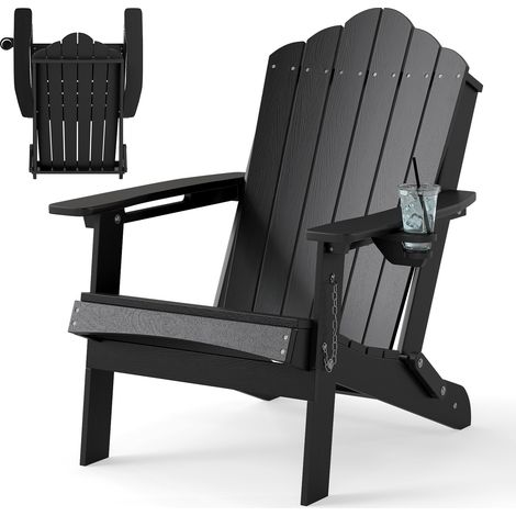 COSTWAY Folding Adirondack Chair HDPE Beach Lounge with Drink Holder Black (1/5)