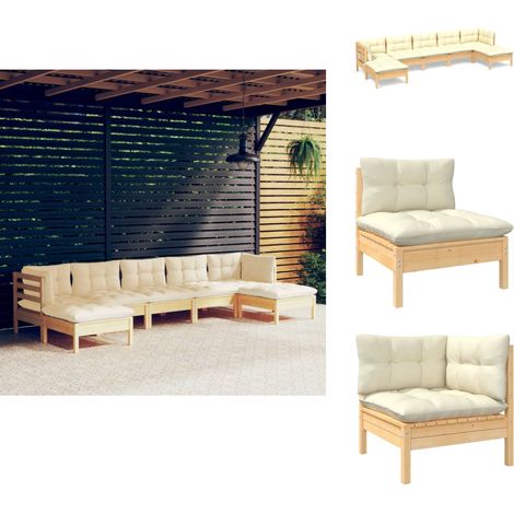 7-tlg. Garten-Lounge-Set mit Creme Kissen Kiefernholz - Gartensaison - Lounge Set - Gartenmöbel - Outdoor Möbel - Rattan Gartenmöbel (1/5)