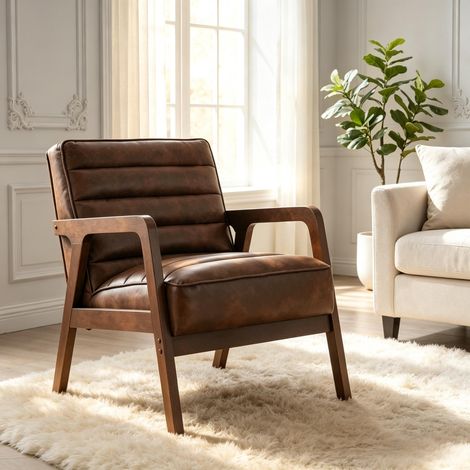 Fauteuil relax rembourré en bois massif, siège d'appoint en simili cuir PU, assise large avec coussin épais, idéal pour séjour et salon. (1/5)